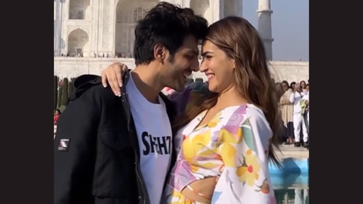 Shehzada Stars Kartik Aaryan Kriti Sanon Send Valentines Day Wishes To Fans From Taj Mahal Watch 6555